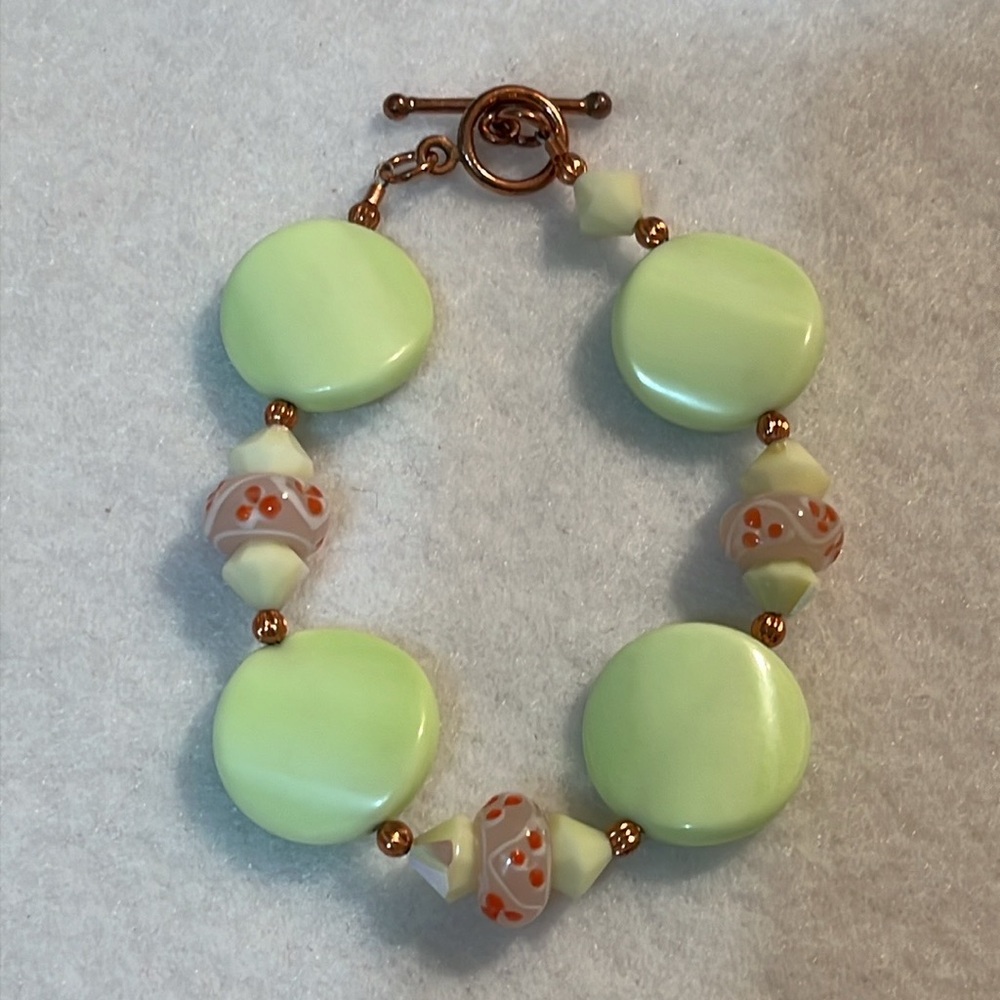 Lemon Chrysoprase Stone Swarovski Crystal Bicone Beads Bracelet w/Copper Toggle
